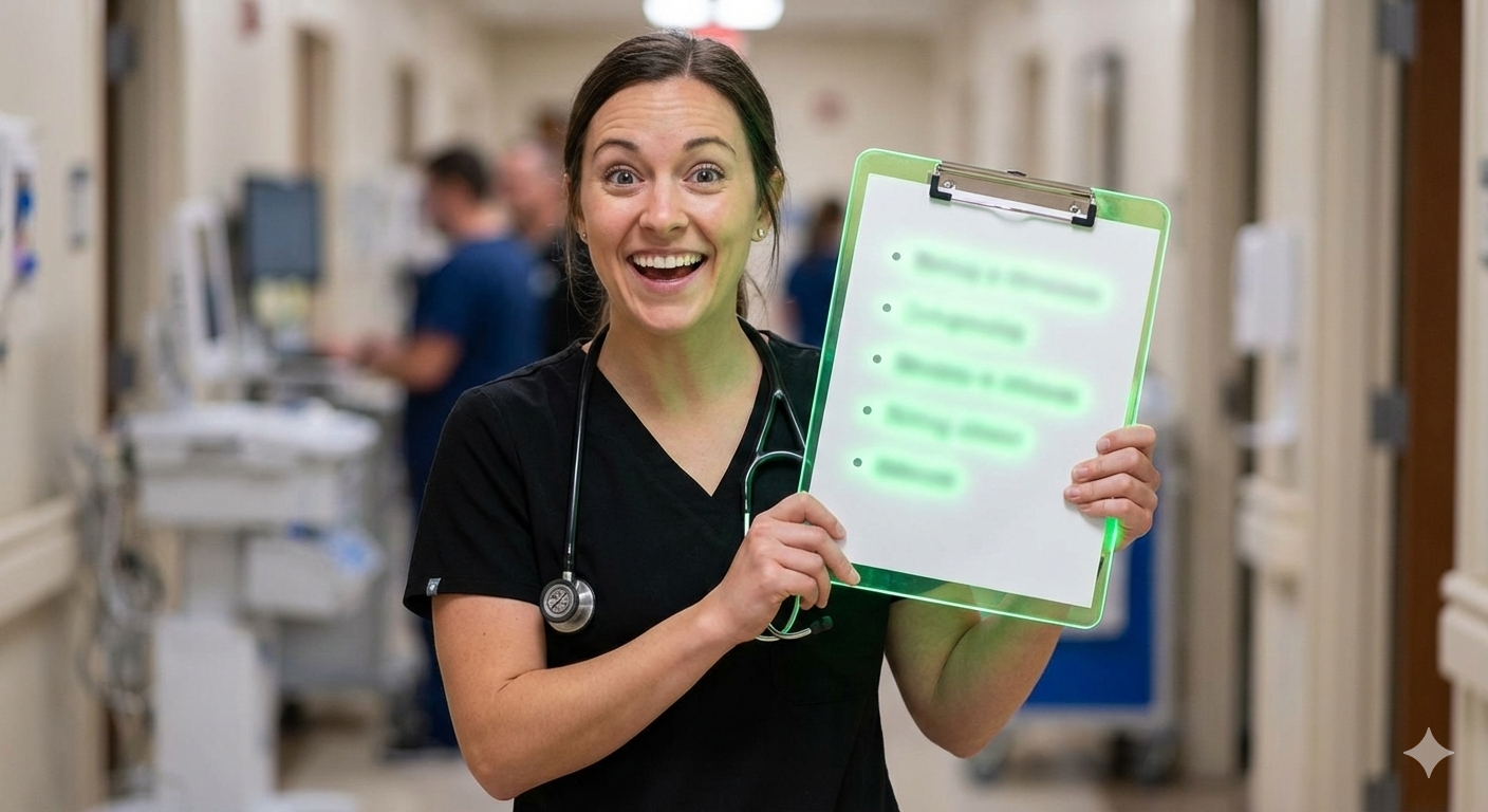 Happy healthcare professional with clipboard showing staffing solutions